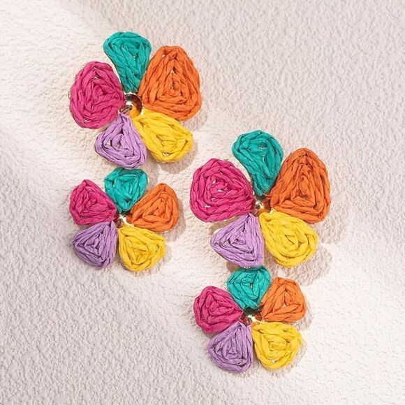 Flower Drop Earrings Floral Raffia Boho Statement Dangle Trendy Cute Earrings - Picture 4 of 9